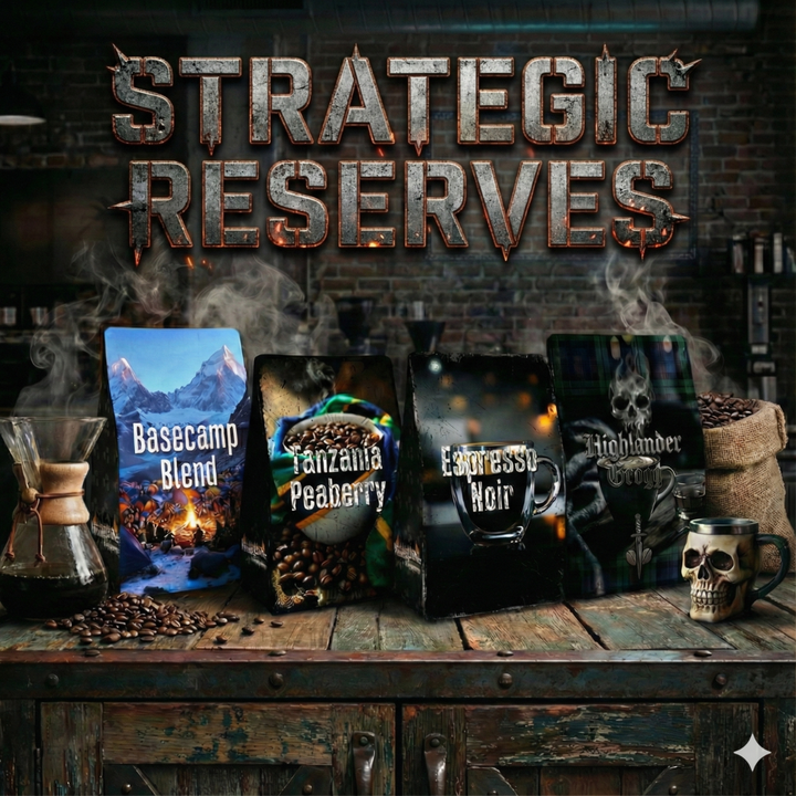 Strategic Reserves coffee bags: Basecamp Blend, Tanzania Peaberry, Espresso Noir, and Highlander Grogg on rustic industrial counter.
