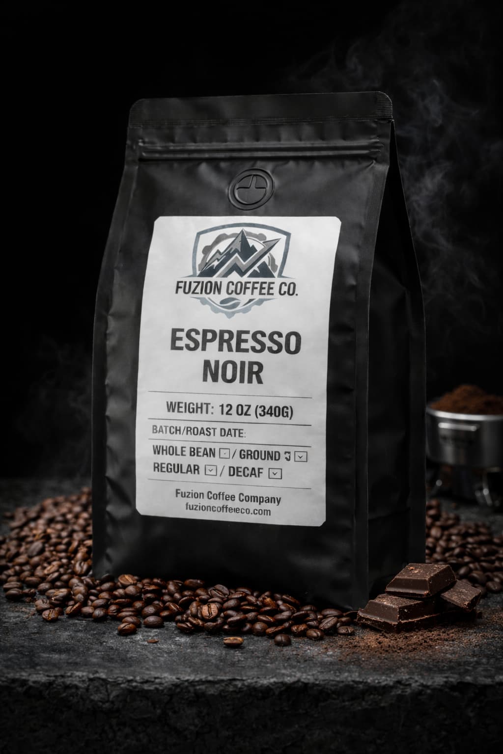 Matte black Espresso Noir coffee bag by Fuzion Coffee Co on dark marble surface with dense coffee beans, dark chocolate pieces, and smoky studio atmosphere