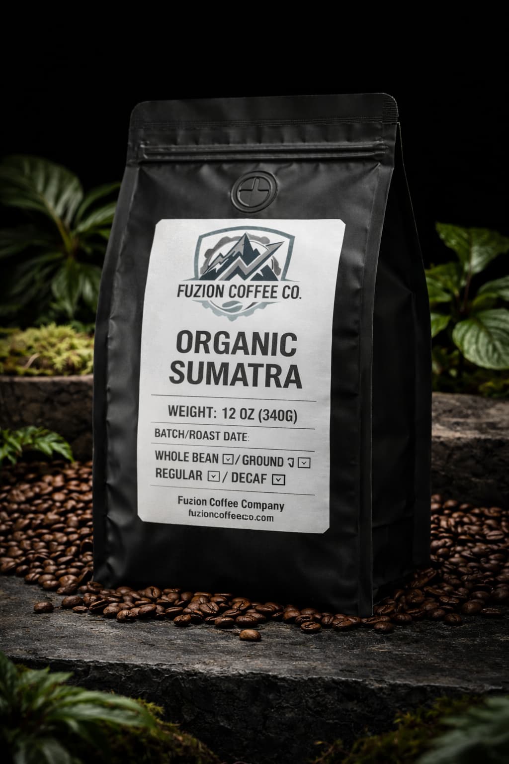Matte black Organic Sumatra coffee bag by Fuzion Coffee Co on dark marble surface with coffee beans and subtle tropical foliage