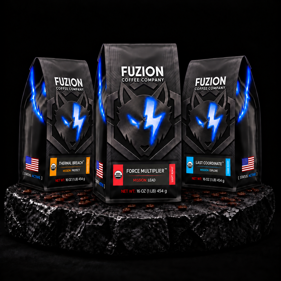 Fuzion Signature Collection bundle with Force Multiplier, Thermal Breach, and Last Coordinate coffee bags
