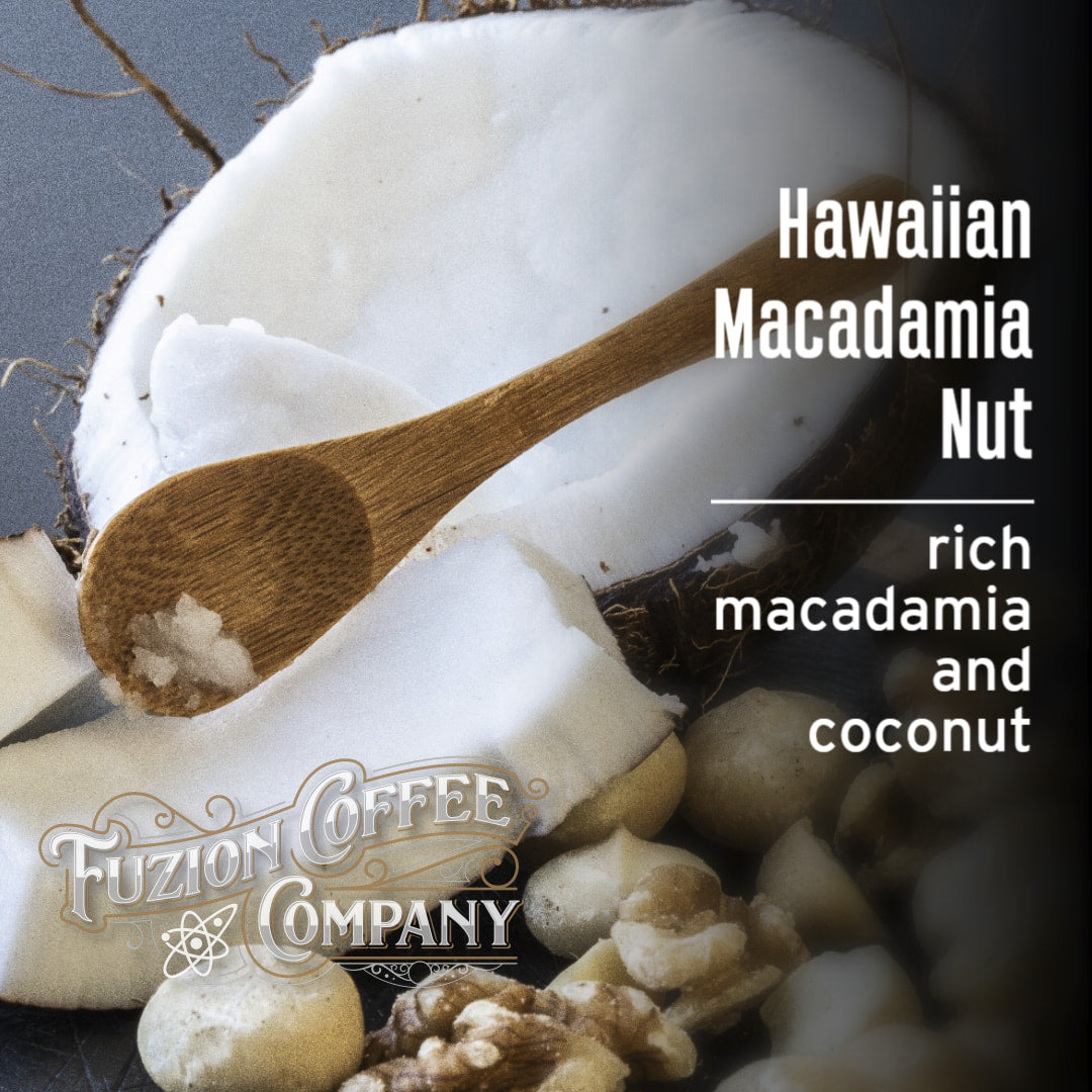 Hawaiian Macadamia Nut coffee packaging with a wooden spoon and coconut pieces, featuring Fuzion Coffee Company branding.