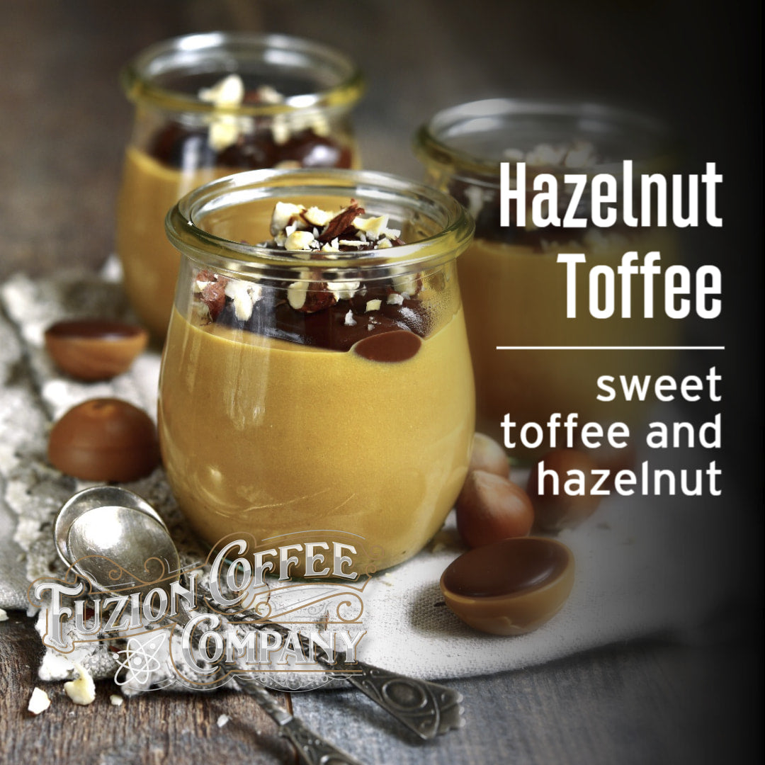 Glass jars of hazelnut toffee with Fuzion Coffee & Company branding.