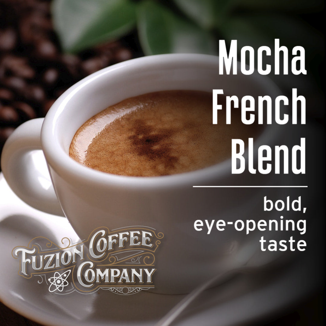 Mocha French Blend coffee in a white cup with Fuzion Coffee Company branding.
