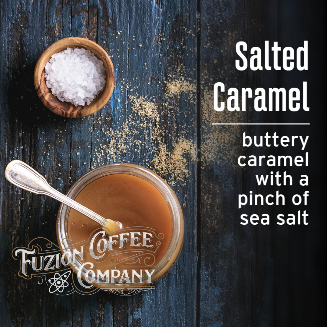 Fuzion Coffee Company salted caramel coffee with a spoon and sea salt on a wooden background