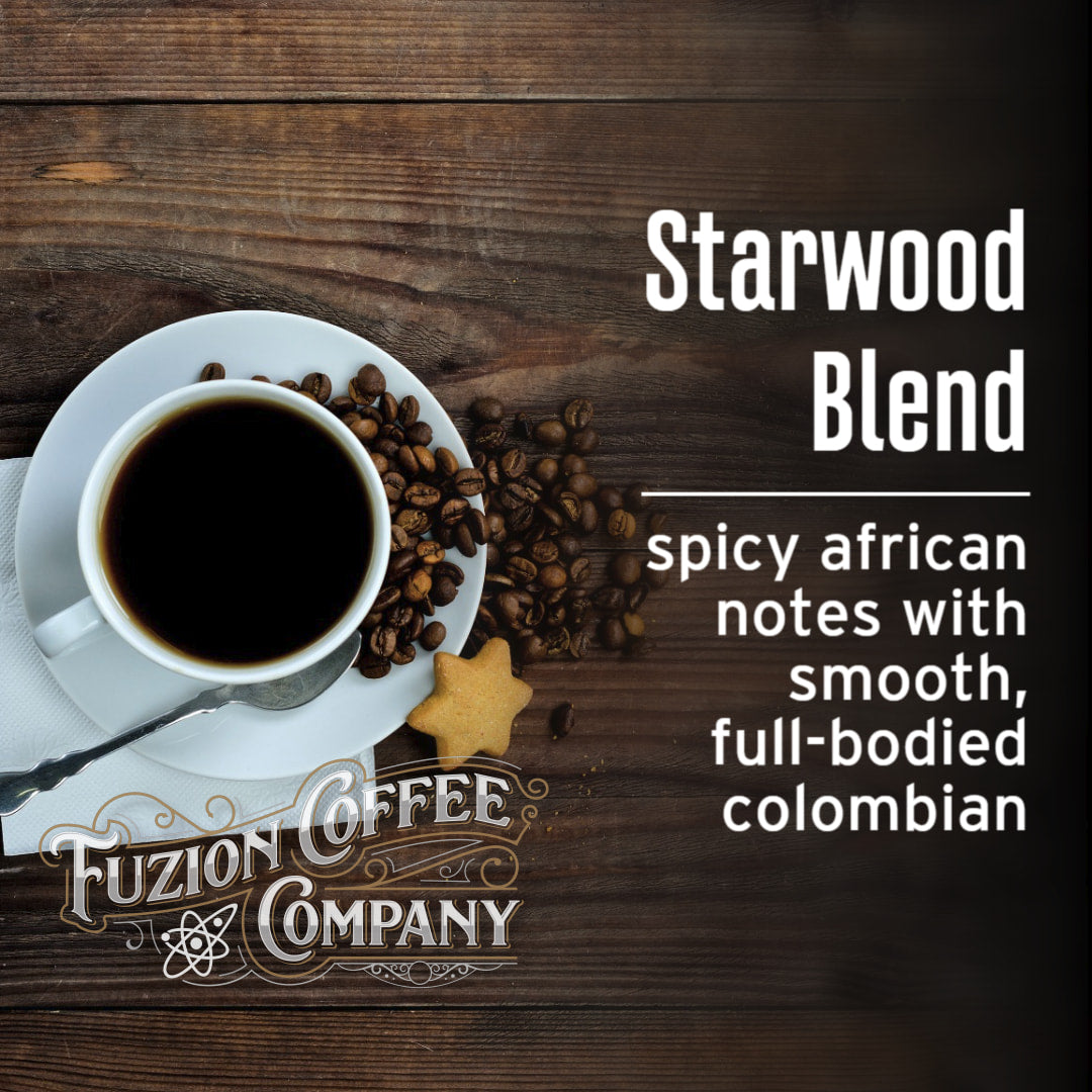 Cup of coffee with star anise and coffee beans on a wooden background, featuring Fuzion Coffee Company branding.