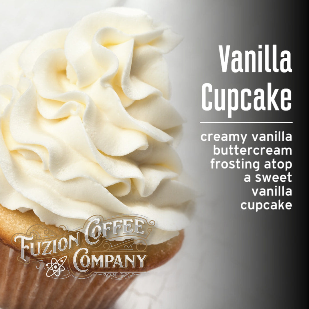 Vanilla cupcake with creamy frosting and Fuzion Coffee Company logo on a gray background