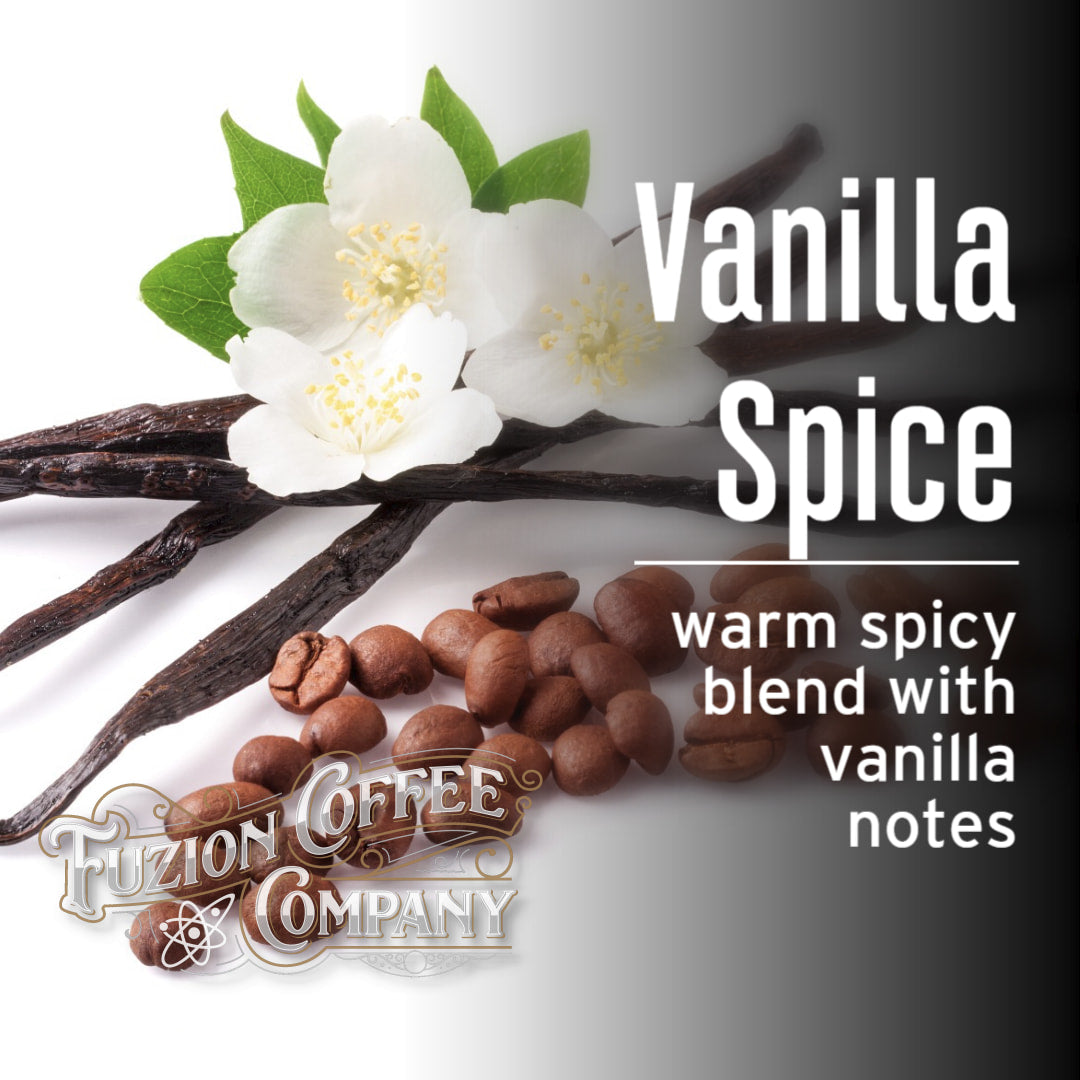 Vanilla spice coffee blend with vanilla beans and flowers on a white background, featuring Fuzion Coffee Company logo.