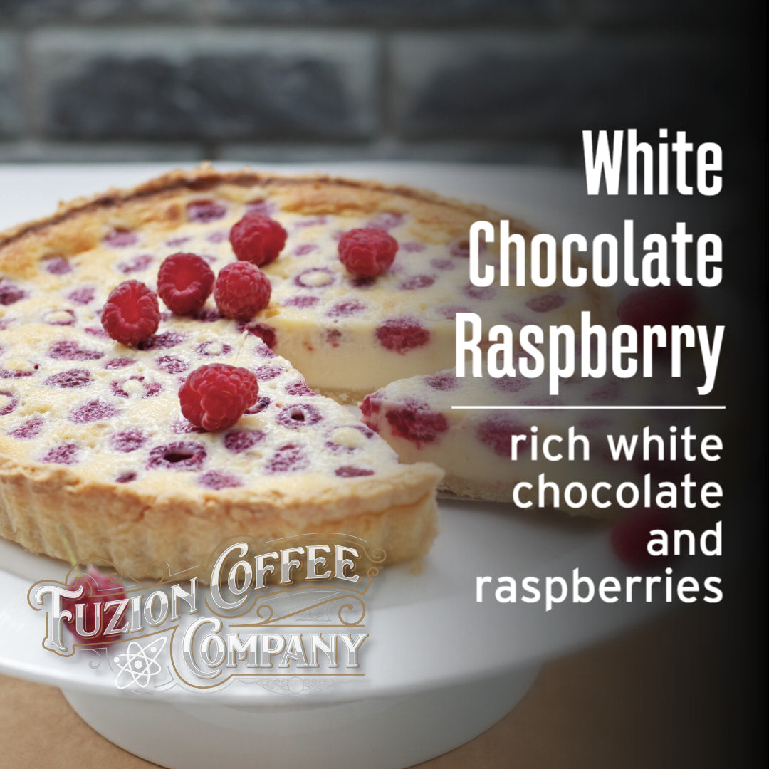 White chocolate raspberry tart with Fuzion Coffee Company branding